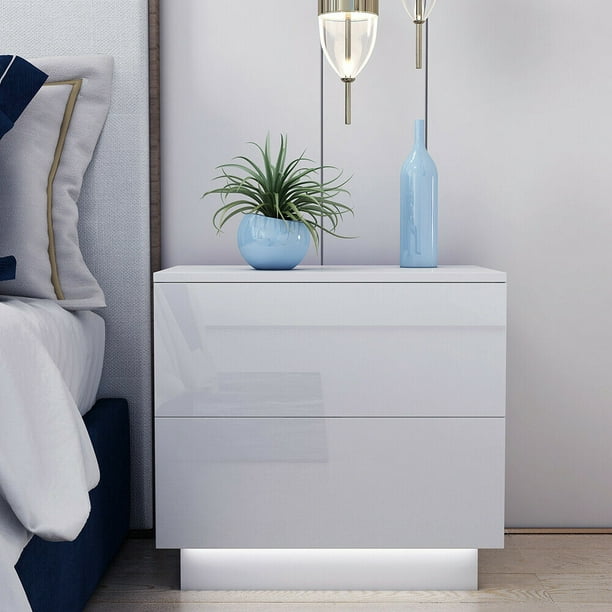 Modern LED Bedside Table Cabinet Nightstand w/2 Drawer High Gloss RGB Light UK